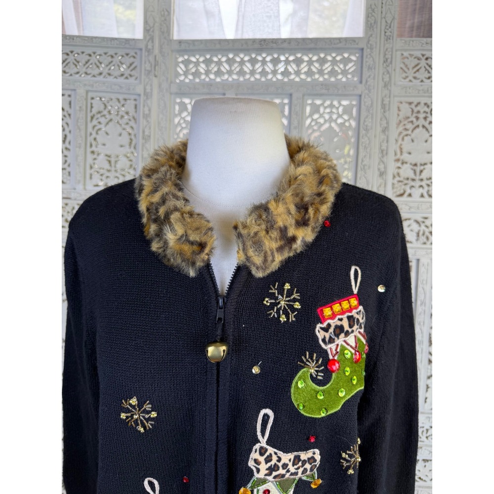 Vtg Tiara International Christmas Holiday Cardigan Sz Large Faux Fur Cheetah - Picture 2 of 8